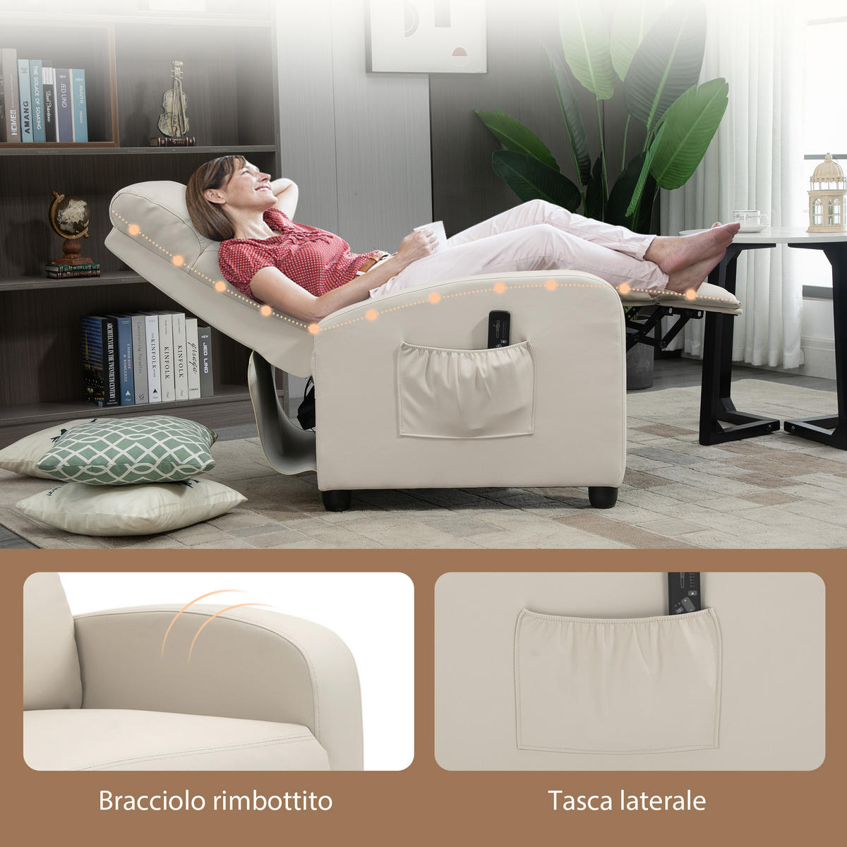 MASSAGESESSEL, Entspannend, Fernbedienung, 8 Programme, verstellbare Lehne, 68x88x98cm, Creme - Multicolor, Holzwerkstoff (68/98/88cm) - FORIOUS