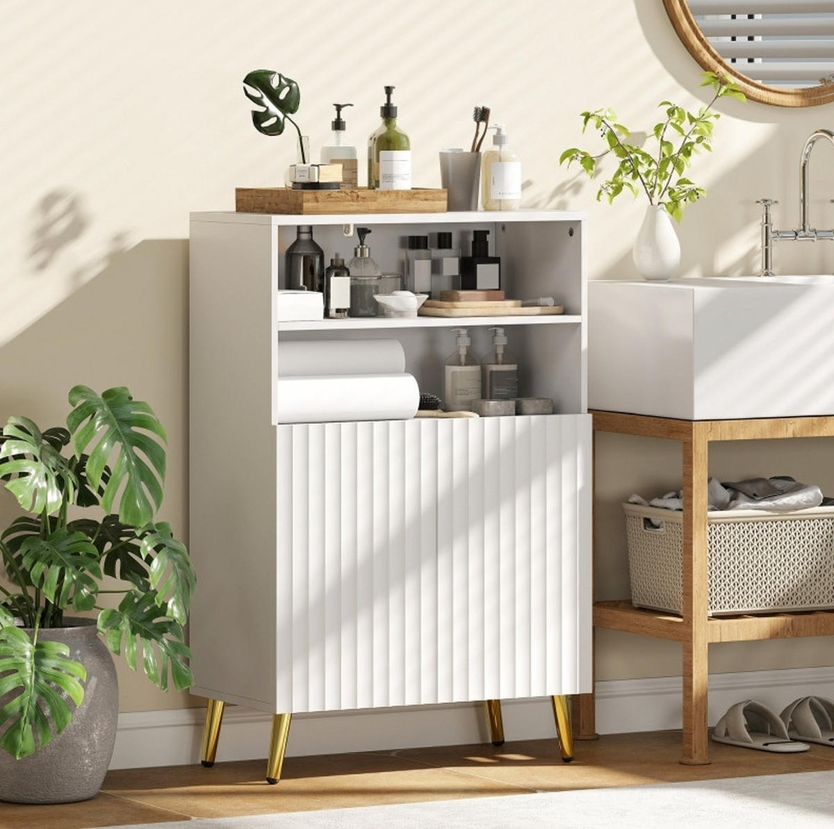 BADEZIMMERSCHRANK mit 2 offenen Fächern Weiß MDF - Weiß, Holzwerkstoff (31.8/93/60cm) - Beauniv