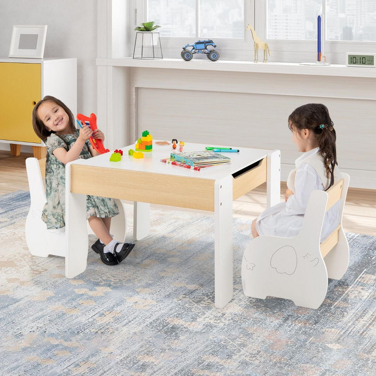 KINDERTISCH mit Stuhl weiß(3-tlg) - Weiß, Holzwerkstoff (63.5/48/61.5cm) - COSTWAY