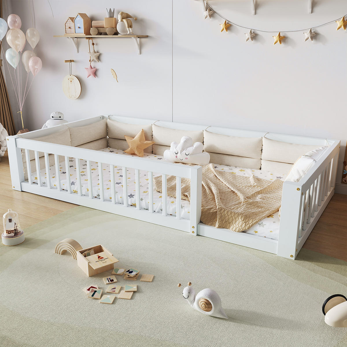BETT 90/200 cm in Weiß mit Seitengitter und Kissen Massivholz Design - Weiß, Holzwerkstoff (90/200cm) - STILVORA