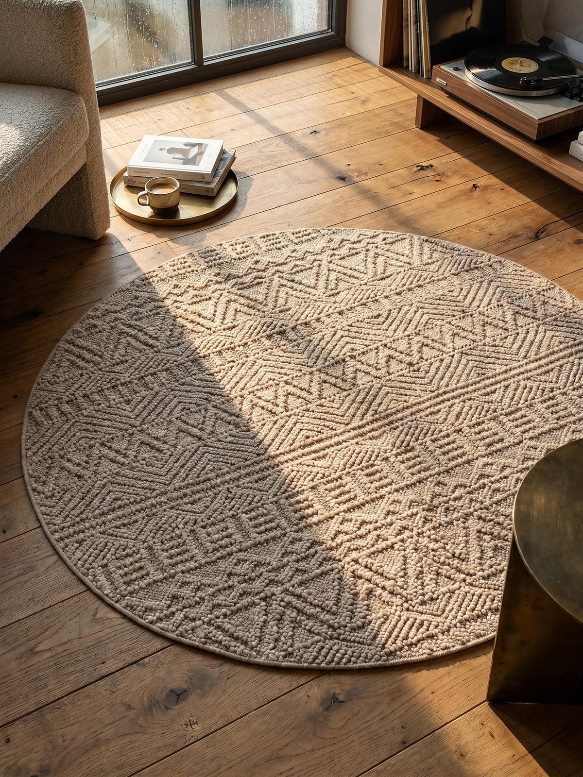 TEPPICH Flachgewebe LANGAU in Beige, mit Ethno-Streifen, Ø 200 cm - Beige, Textil (200/200cm) - KADIMA DESIGN