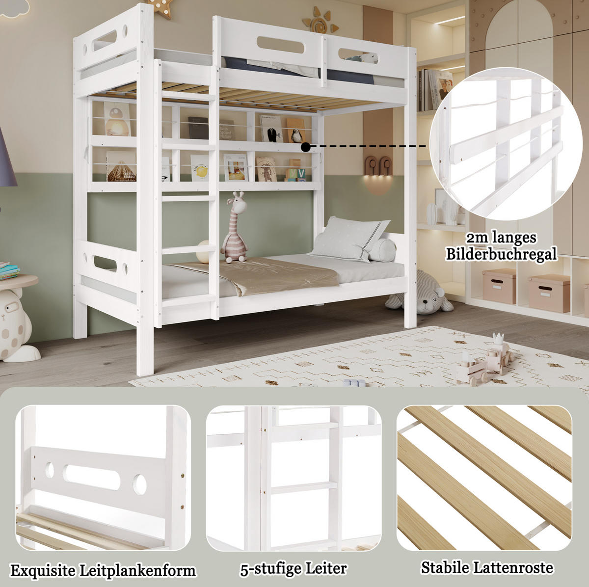 ETAGENBETT aus Kiefernholz und MDF 90x200 cm Weiß/Natur mit Regal, Fallschutz und 5-stufiger Leiter - Weiß, Holzwerkstoff (90/200cm) - IVMEU