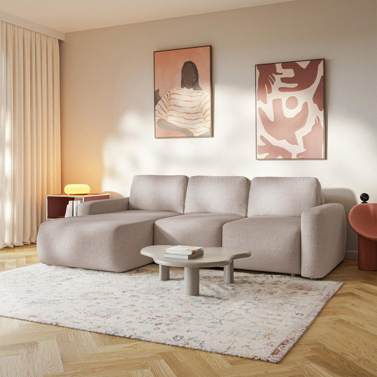 ECKSOFA Carnos Mini Beige Chenille - Beige/Schwarz, Kunststoff/Textil (238/164cm) - Selsey