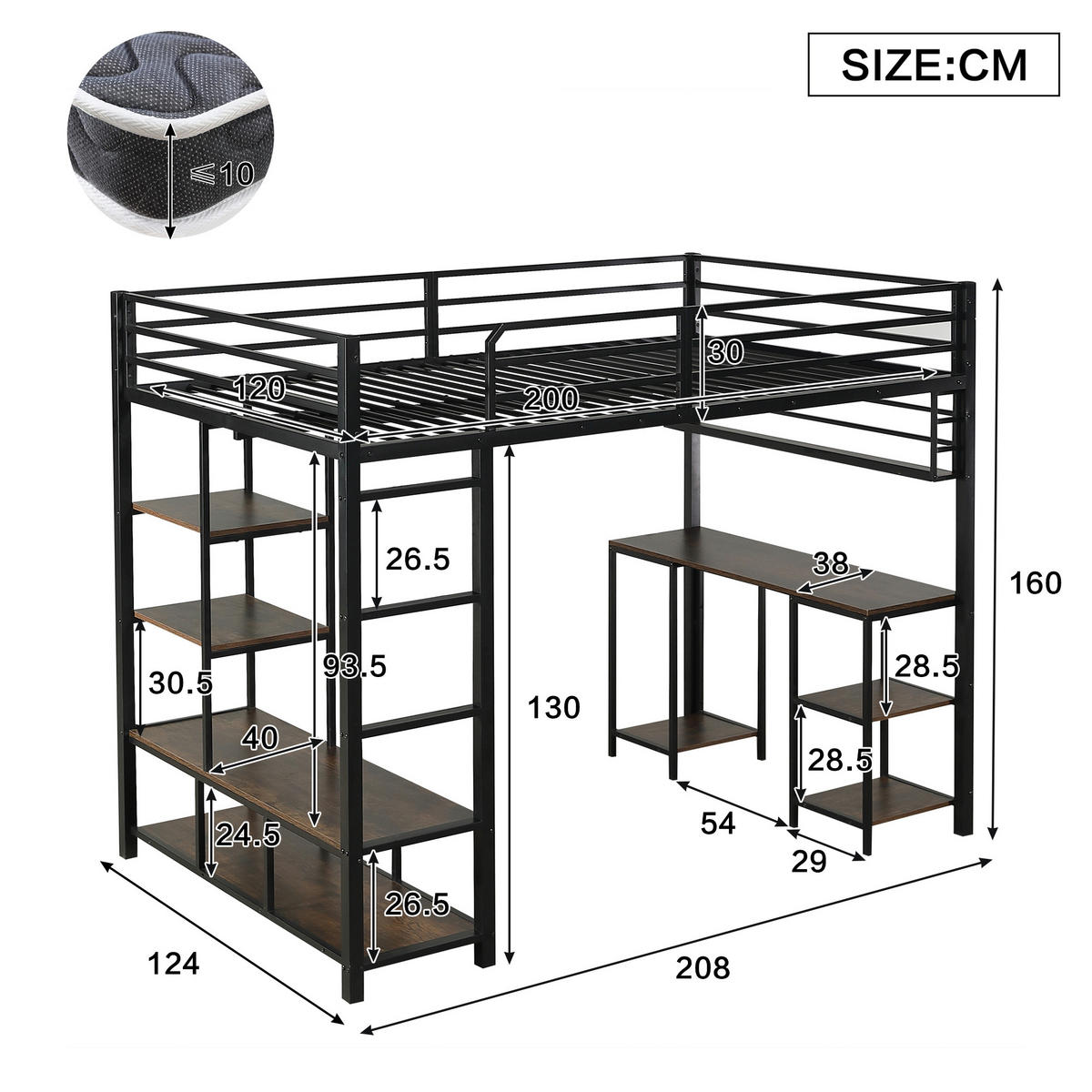 HOCHBETT 120/200 cm in Schwarz & Dunkelwalnuss mit Schreibtisch, Ablage und Leiter - Schwarz, Holzwerkstoff/Metall (120/200cm) - CHICFURN