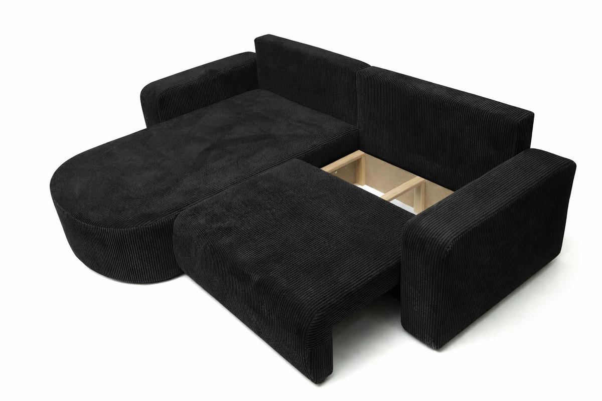 ECKSOFA Mit Schlaffunktion, Cordstoff Poso, Schwarz, Links, ROUND ONE - Schwarz, Holz (244/175cm) - Kaiser Möbel