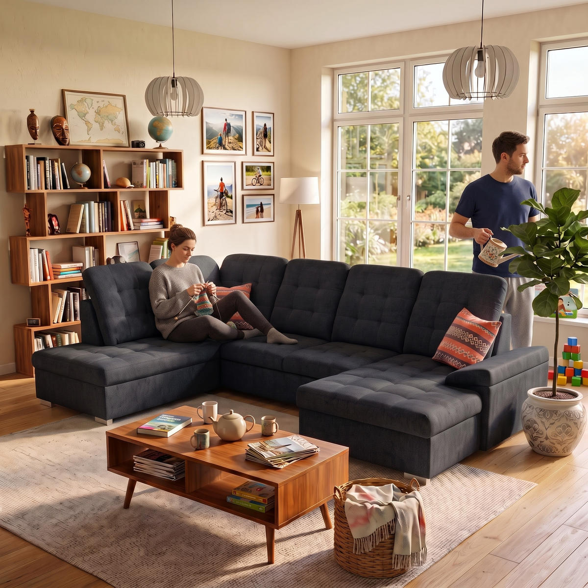 ECKSOFA U-Form OLIVIA U Links mit Schlaffunktion 124x257 Velours Schwarz - Silberfarben/Schwarz, Holz/Kunststoff (320/103/202cm) - Muffo