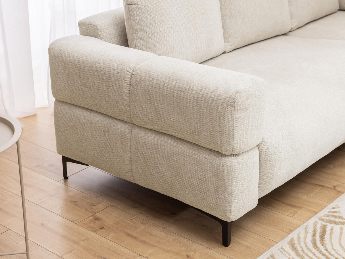 ECKSOFA inkl. Hocker Cardea mit Schlaffunktion in Bubble-Optik aus weichem Creme Strukturstoff und hohem Sitzkomfort - Ottomane rechts - Creme/Schwarz, Holz/Textil (230/170cm) - S-Style Möbel