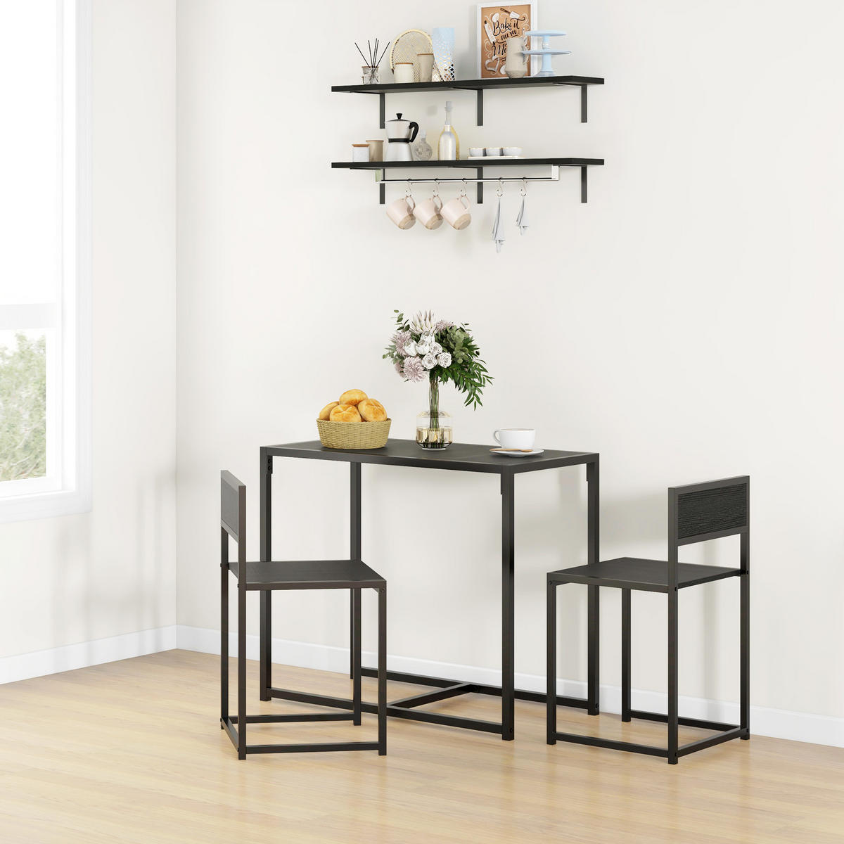 ESSTISCH- und Stuhlset, 3-teilig mit 2 stapelbaren Stühlen, für Küche, Wohnzimmer, Zuhause, schwarz - Brombeere, Metall (90/76/47cm)