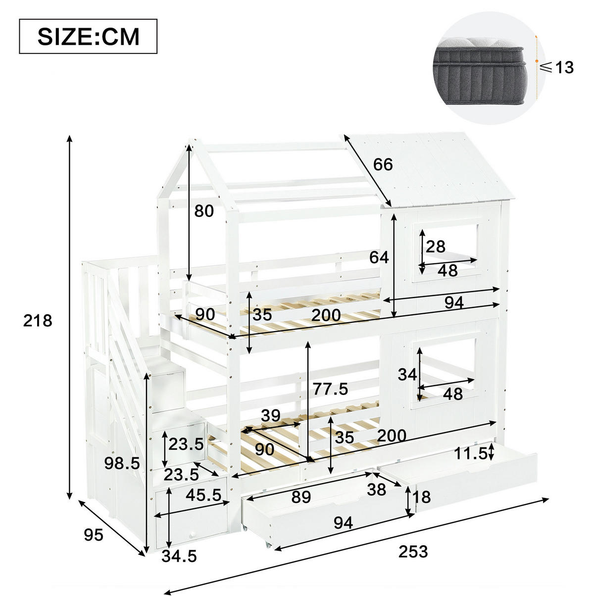 ETAGENBETT 90/200 cm Weiß mit Treppenschrank und Schublade ohne Matratze - Weiß, Holz (90/200cm) - MIVRAY