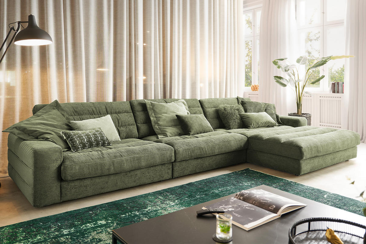 ECKSOFA XL LANA Grün Cord - Schwarz/Grün, Textil (416/205cm) - KAWOLA