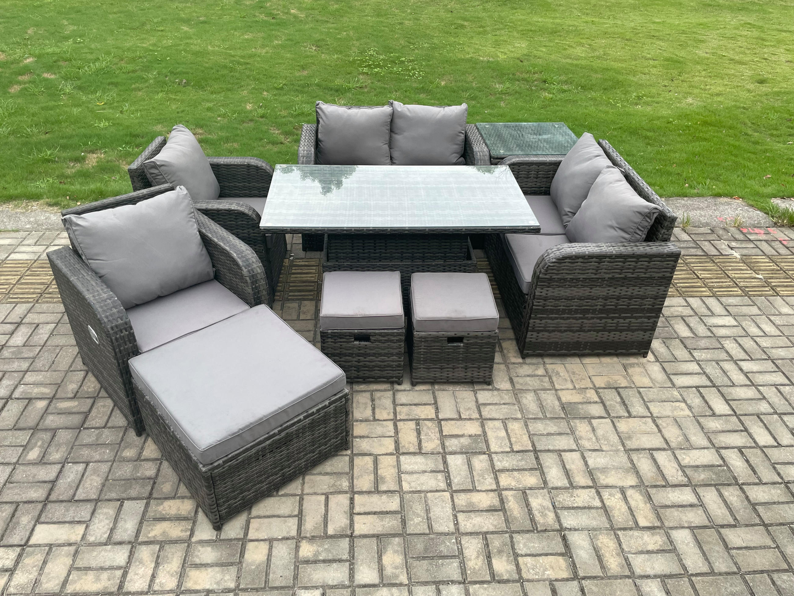 GARTENSOFA SET Polyrattan Dunkelgrau 9-Sitzer - Dunkelgrau/Grau, Metall - Fimous