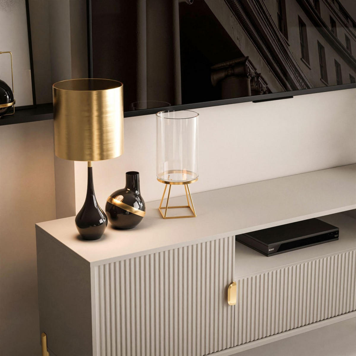 TV-RACK DALIA 180 cm - Kaschmir/Goldfarben, Holzwerkstoff (179/58/40cm) - Lookway