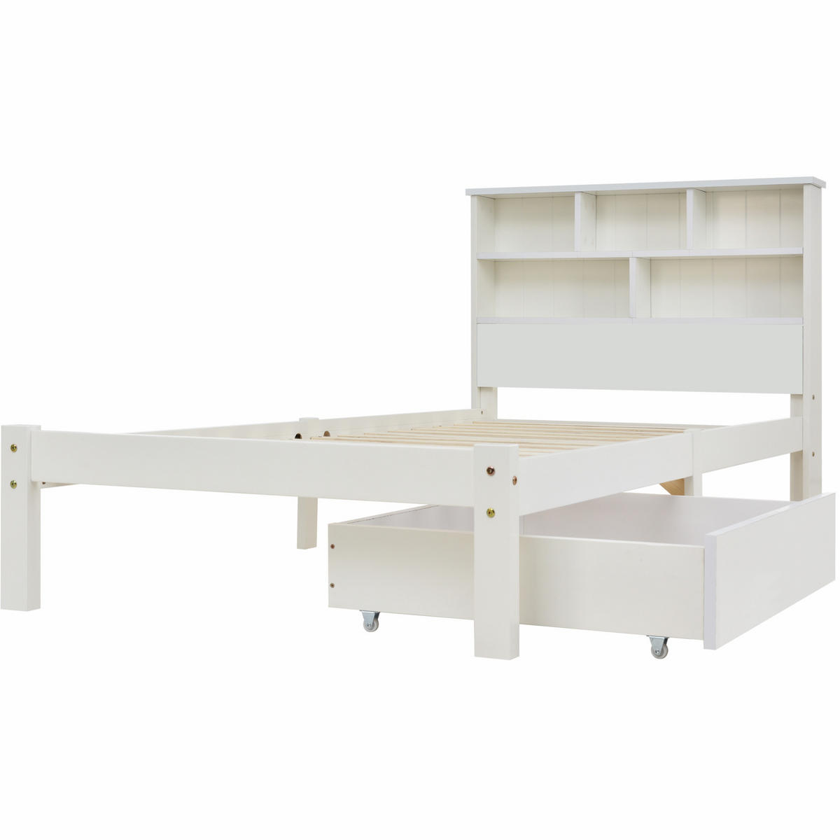 EINZELBETT aus Kiefer-Massivholz 90x200 cm Weiß mit Schubladen und Bücherregal-Kopfteil - Weiß, Holz (90/200cm) - IVMEU
