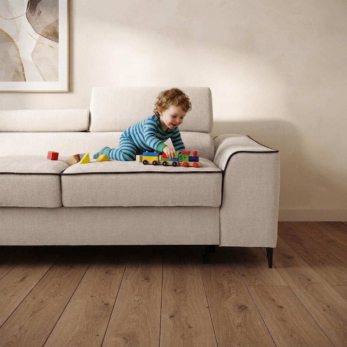 ECKSOFA EVER L Links mit Schlaffunktion 193x126 Chenille Beige - Beige/Schwarz, Holz/Textil (267/204cm) - Muffo