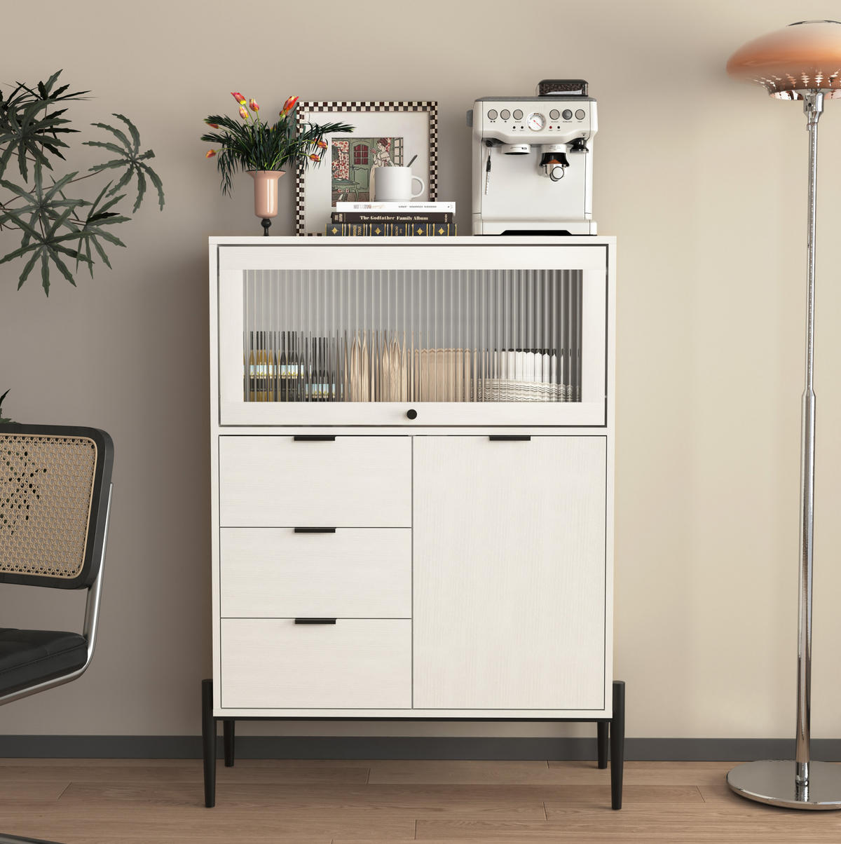 SIDEBOARD 85/40/120 cm in Weiß mit 3 Schubladen und Glastür - Weiß, Holzwerkstoff (85/120/40cm) - BEAOK