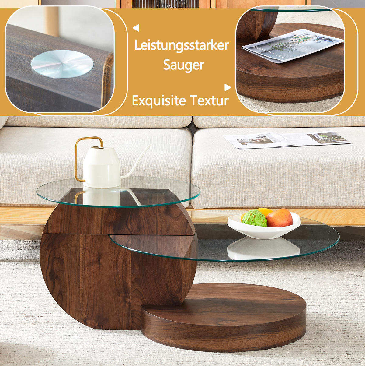 COUCHTISCH 70/90/44 cm mit Glasplatten, mehrstufige Ablage und MDF-Gestell in Holzoptik, Transparent/Walnuss - Walnussfarben, Holzwerkstoff (90/70/44cm) - Redom