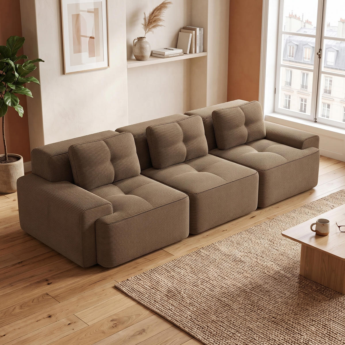 3-SITZER SOFA Modulares Boneless Cloud-Sofa Cord Braun Tiefsitz - Braun, Textil (293/69/104cm) - Urban Meuble