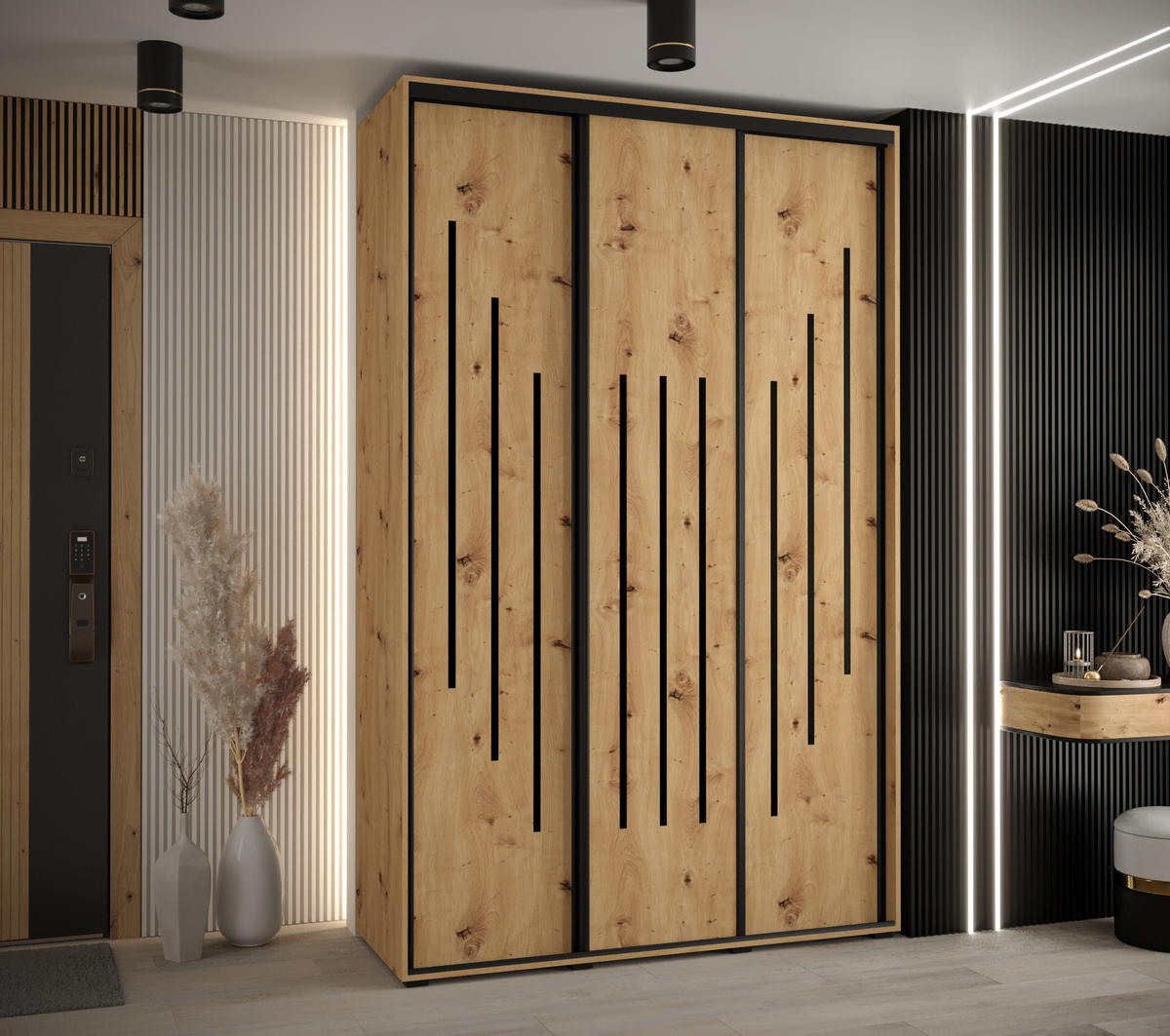 SCHWEBETÜRENSCHRANK 235,2/160/60 3-türig - Schwarz/Eiche Artisan, Holz/Metall (160/235/60cm) - Abiks Möbel