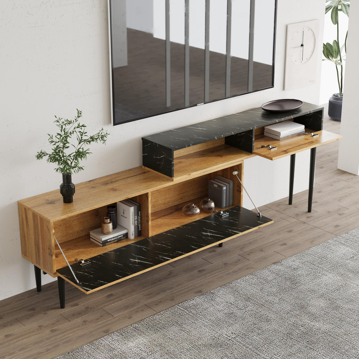 LOWBOARD in Naturfarbe mit Marmor- und Holzoptik, MDF und Eisenbeinen - Naturfarben, Holzwerkstoff (240/58/22cm) - Flora Grace