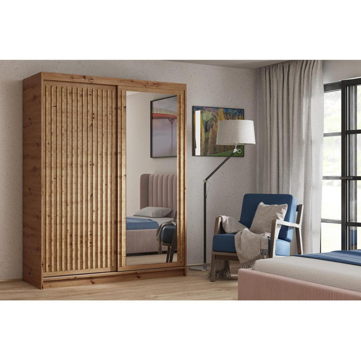 SCHWEBETÜRENSCHRANK Donatello 100/205/60 2-türig eiche Artisan mit Spiegel - Eiche Artisan, Holzwerkstoff (100/205/60cm) - Beautysofa