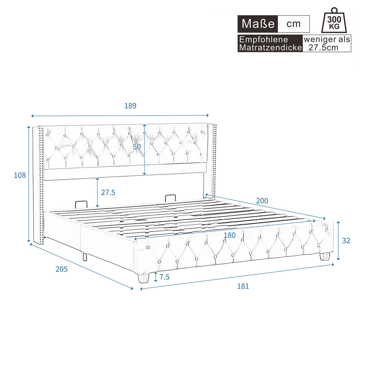POLSTERBETT mit Lattenrost 180x200 cm Leinen Beige - Weiß, Metall (180/200cm) - Meubliv