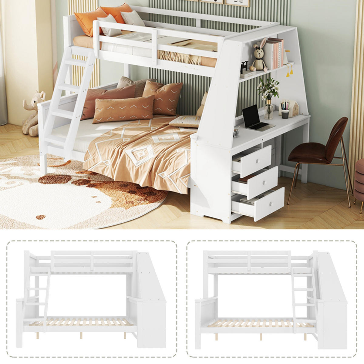 ETAGENBETT 90/200 cm + 140/200 cm mit Schreibtisch, Bücherregal und Stauraum aus Massivholz, Weiß - Weiß, Holz (90/200cm) - Redom