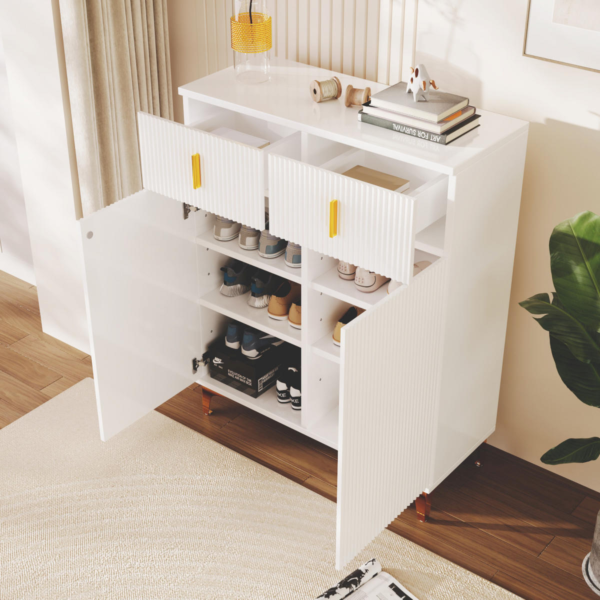 SCHUHSCHRANK Sideboard Weiß mit Schubladen, Push-to-Open und goldenen Akzenten - Weiß, Holz (83/101/35cm) - PARAFTA HOME