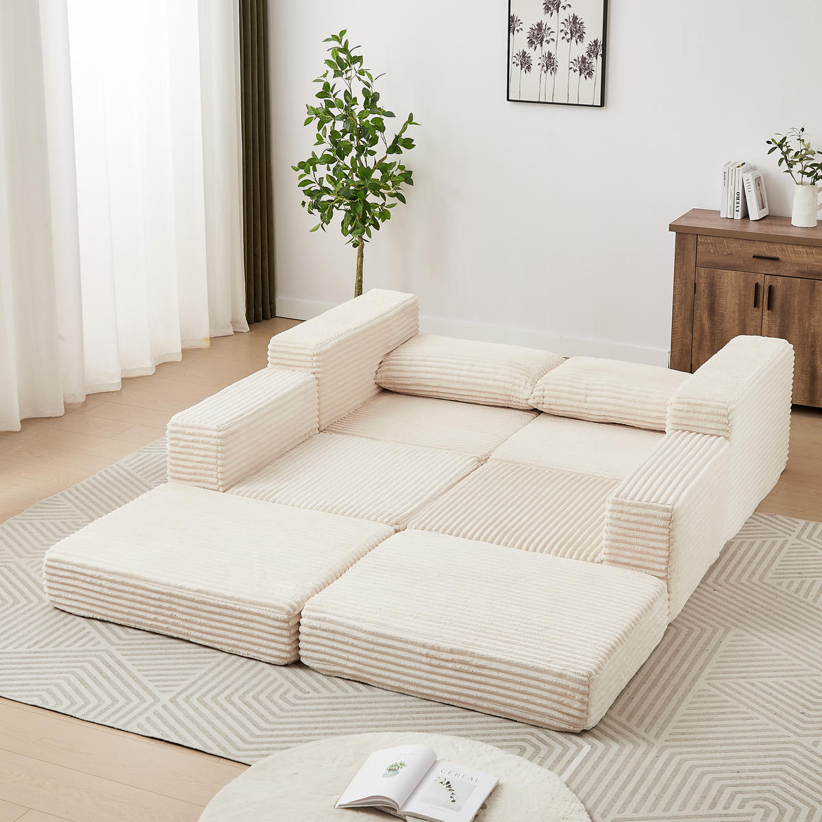 ECKSOFA DE-34544 2-in-1 mit Fußstütze und Kissen Beige - Beige, Textil (169.5/194cm) - ComfortXL
