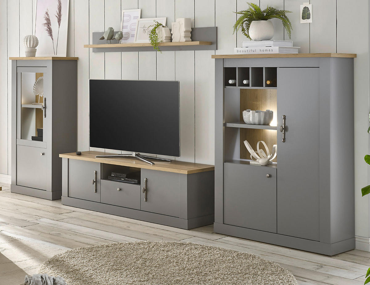 WOHNWAND grau, Artisan Eiche 4-teilig 346 cm, Wohnkombination im Landhaus-Stil - Silberfarben/Hellgrau, Holzwerkstoff/Metall (346/170/44cm) - Furn.Design