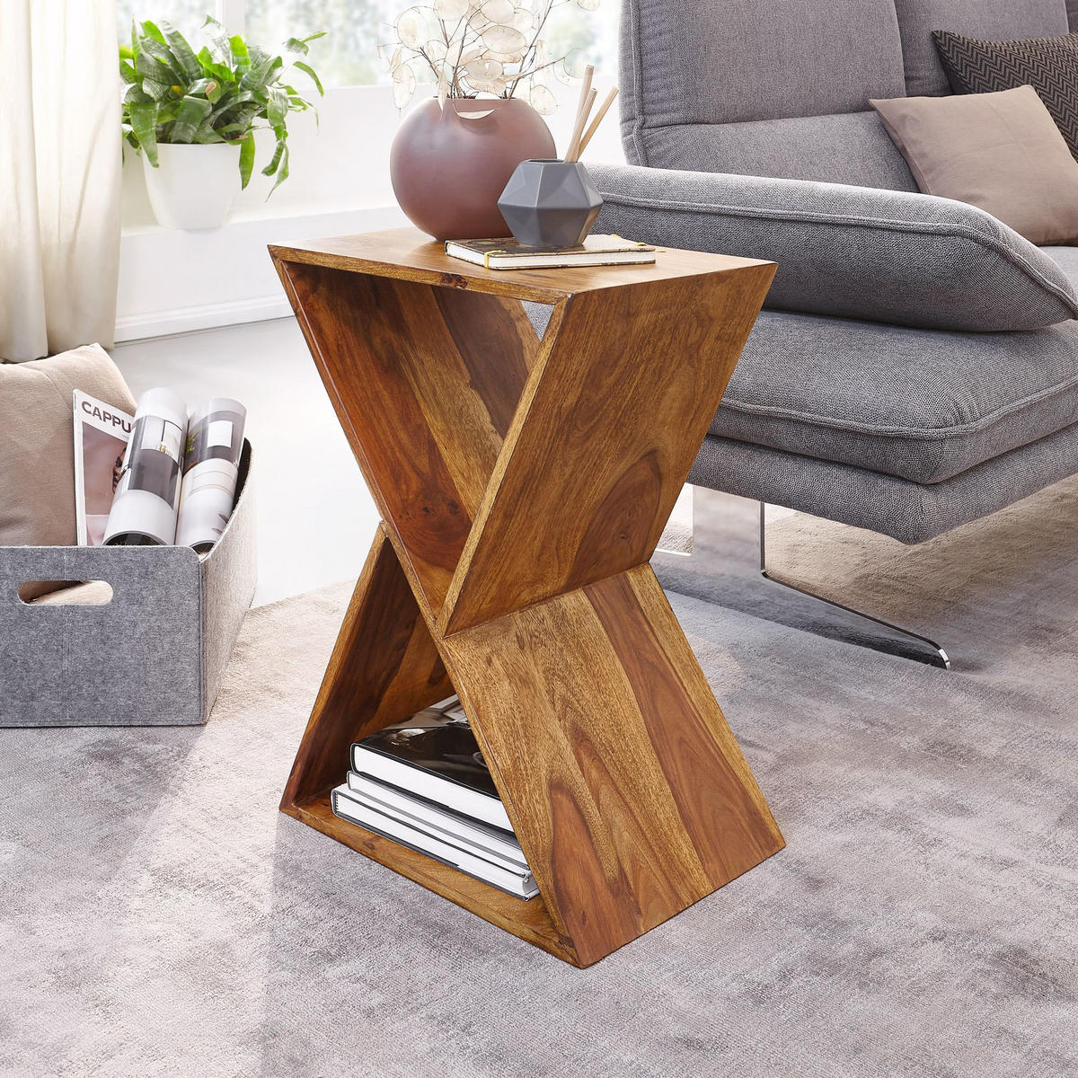 BEISTELLTISCH – Massivholz Braun X-Gestell mit 2 Ablagen - Braun, Holz (30/43/60cm) - KADIMA DESIGN