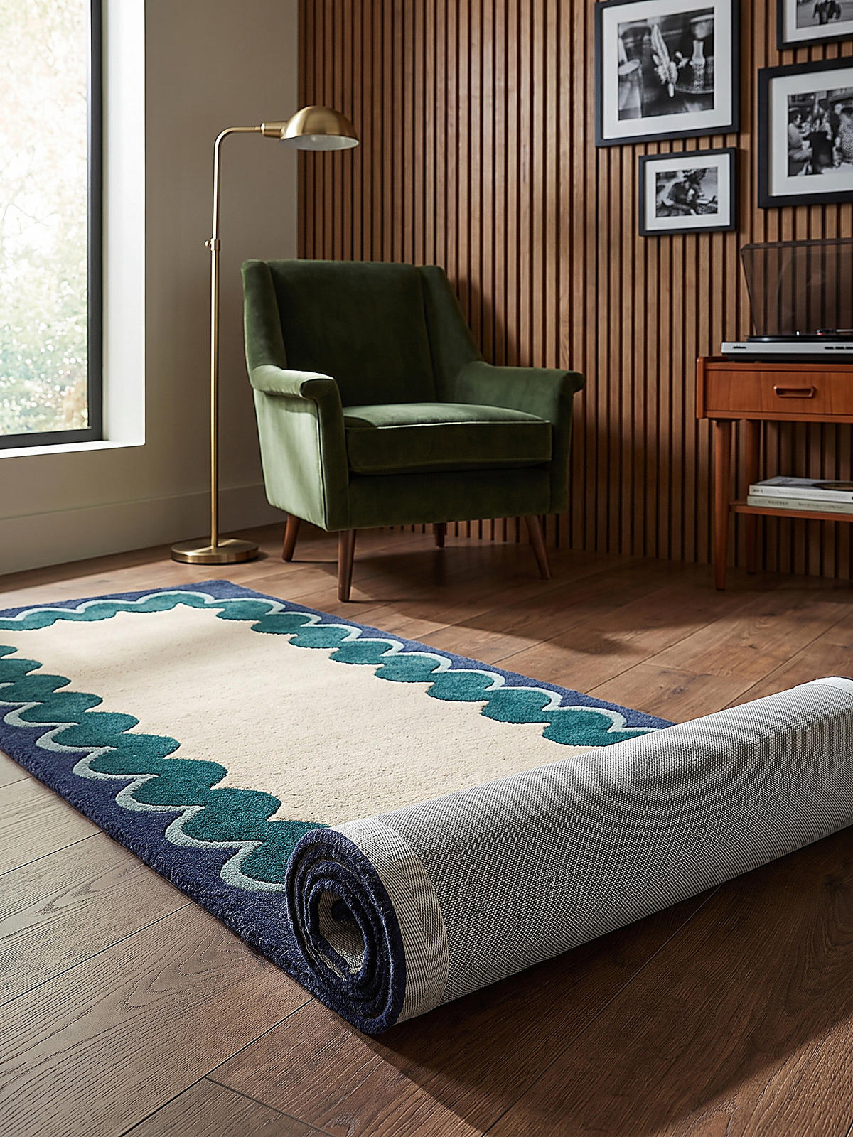 LÄUFER handgetuftet WAVENEY, in Petrol, Zickzack-Wellenbordüre, 80 x 230 cm - Türkis, Textil (80/230cm) - KADIMA DESIGN