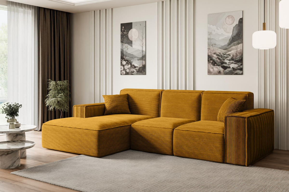 ECKSOFA Ottomane Links SERRA-L - 266x165x73 cm Senfgelb Cord - Gelb/Schwarz, Holzwerkstoff/Kunststoff (165/266cm) - ALTDECOR