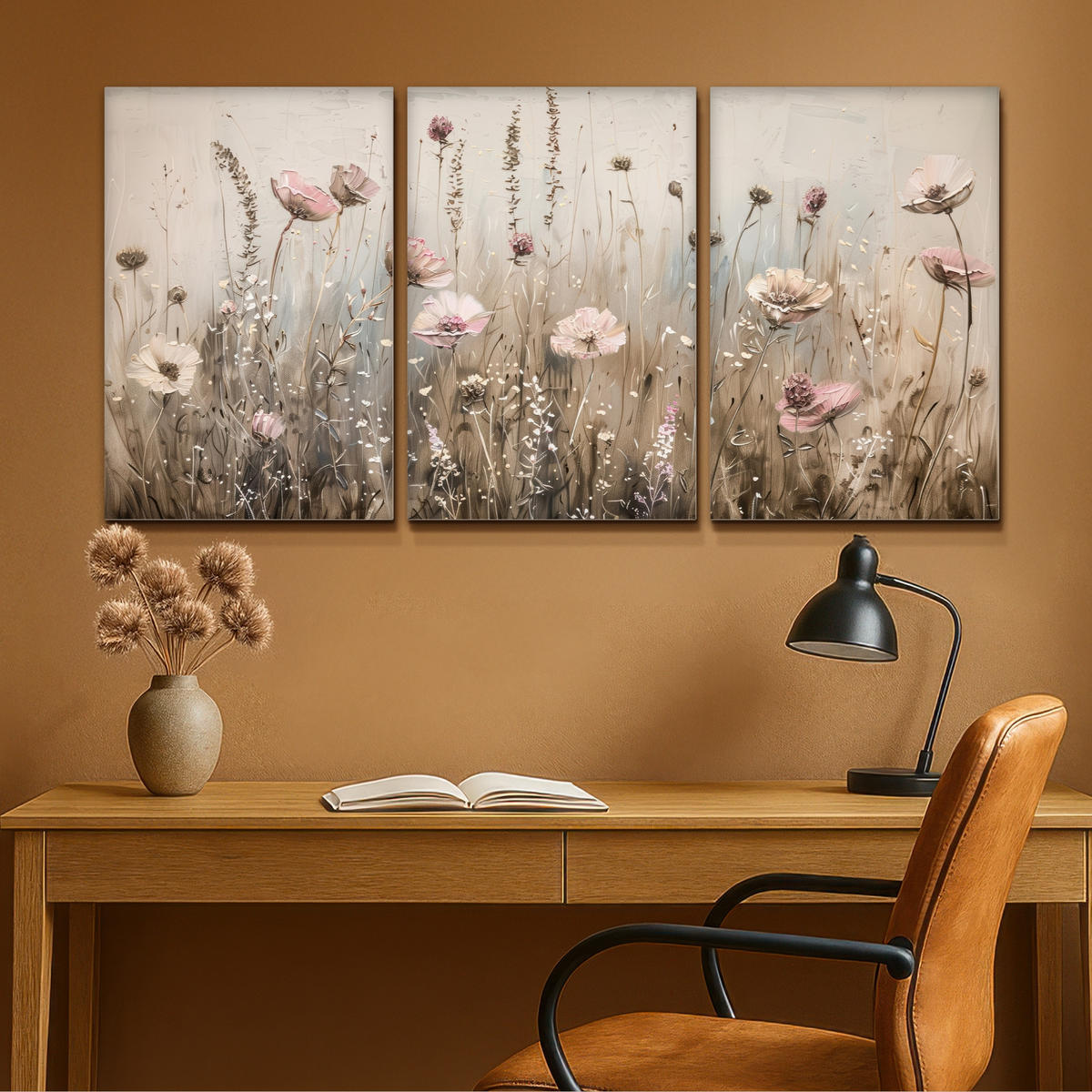 LEINWANDBILD 3er Set Blumen - Beige - Modern - Rosa 120x60 cm - Ecru, Textil (120/60cm) - MuchoWow