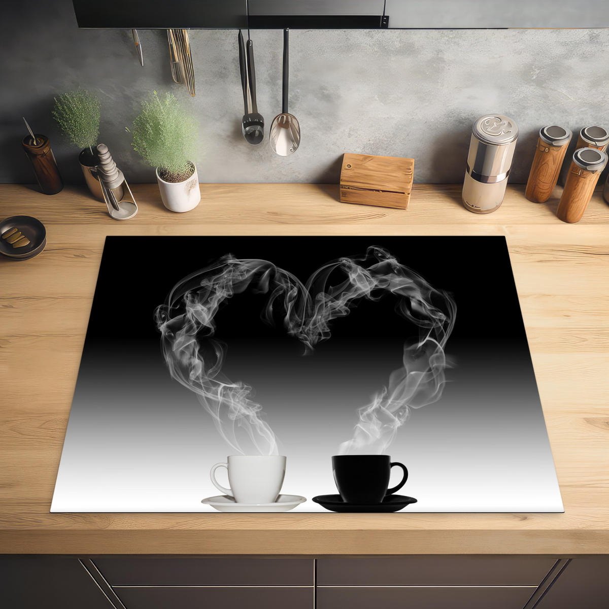 HERDABDECKPLATTE Kaffee - Herz - Schwarz und weiß - Tassen 77x59 cm - Weiß, Kunststoff (77/0.2/59cm) - MuchoWow