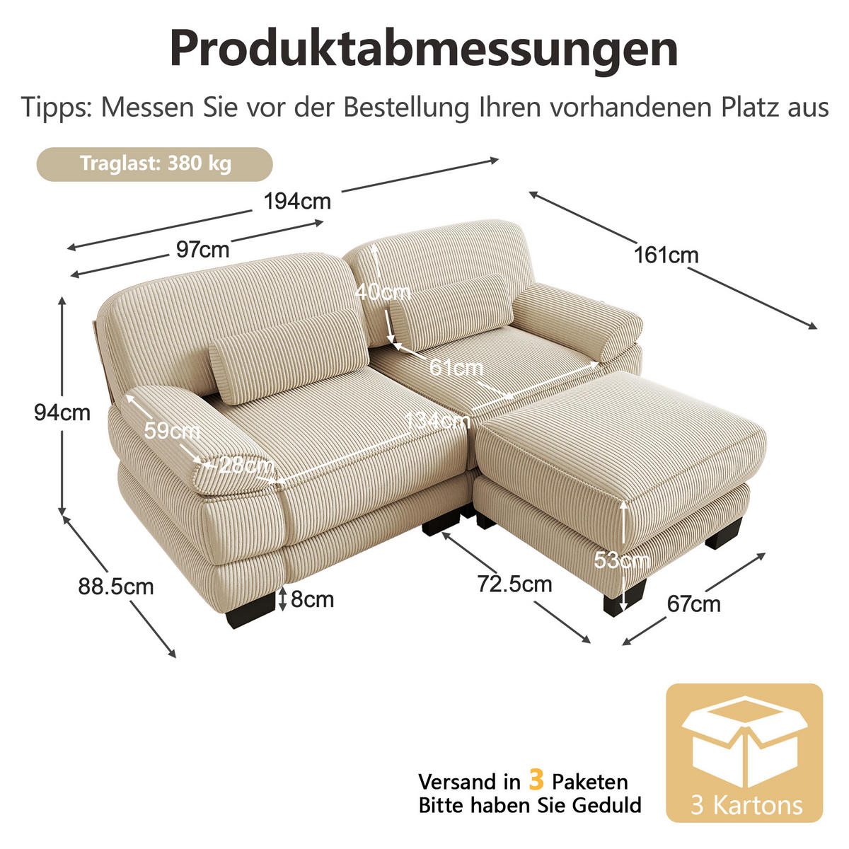 ECKSOFA 2-Sitzer L-Form mit Hocker, DE-42659, Beige - Beige, Holz (194/161cm) - ComfortXL