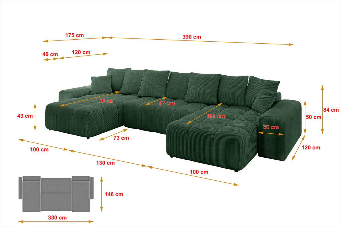 WOHNLANDSCHAFT ENIL-U 390x175x84 Grün Cord - Grün, Holzwerkstoff/Kunststoff (390/84/175cm) - ALTDECOR
