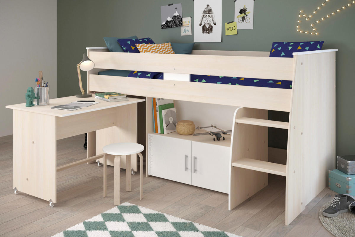 HOCHBETT mit Schreibtisch, Schlafplatz 90x200 cm - Charly - Apfelbaumfarben, Holzwerkstoff (90/200cm) - Calicosy