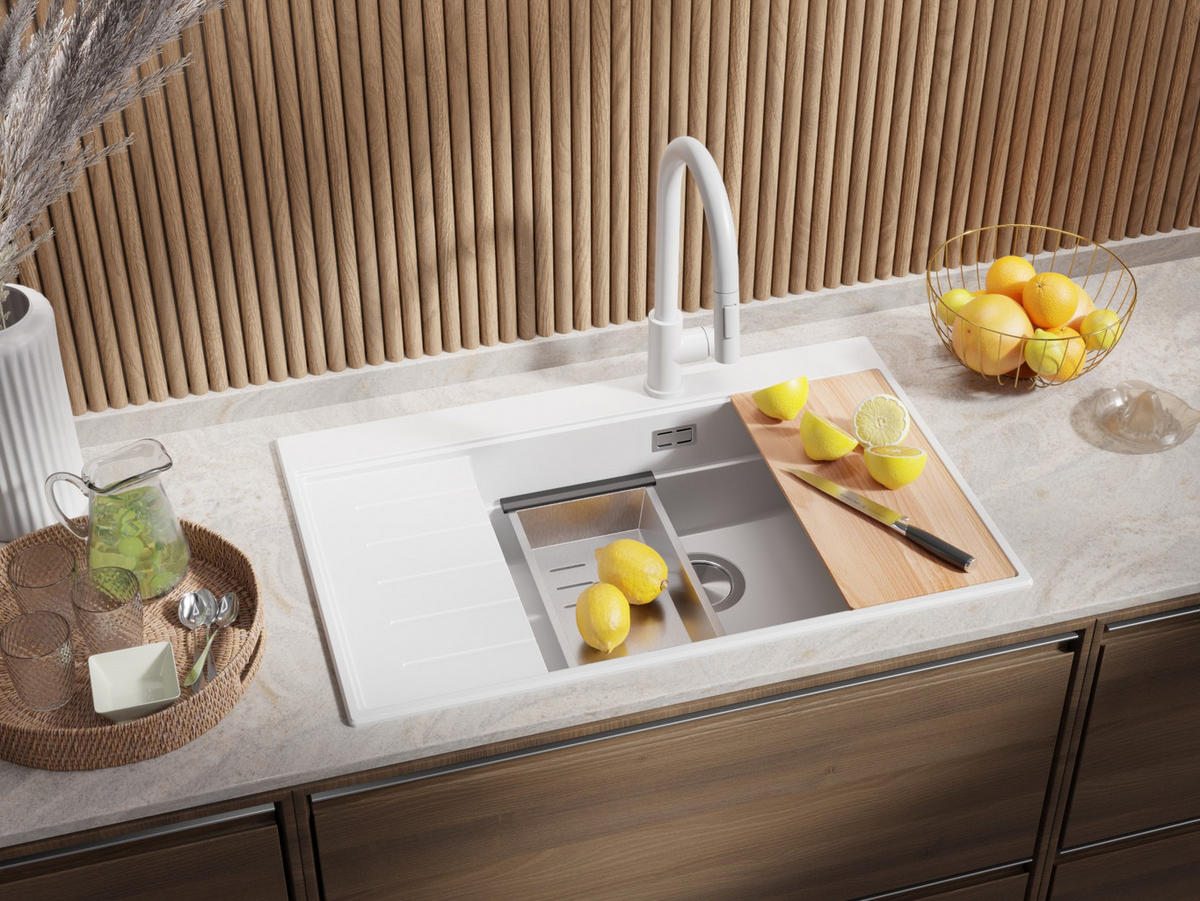 GRANITSPÜLE Sydney, 2-er set Weiß 78/50 cm 1 Becken + Küchenarmatur 32/20 cm + Ablauf-Set + Küchenzubehörset ab 60er Unterschrank - Chromfarben/Beige, Kunststoff (78/20/50cm) - Primagran