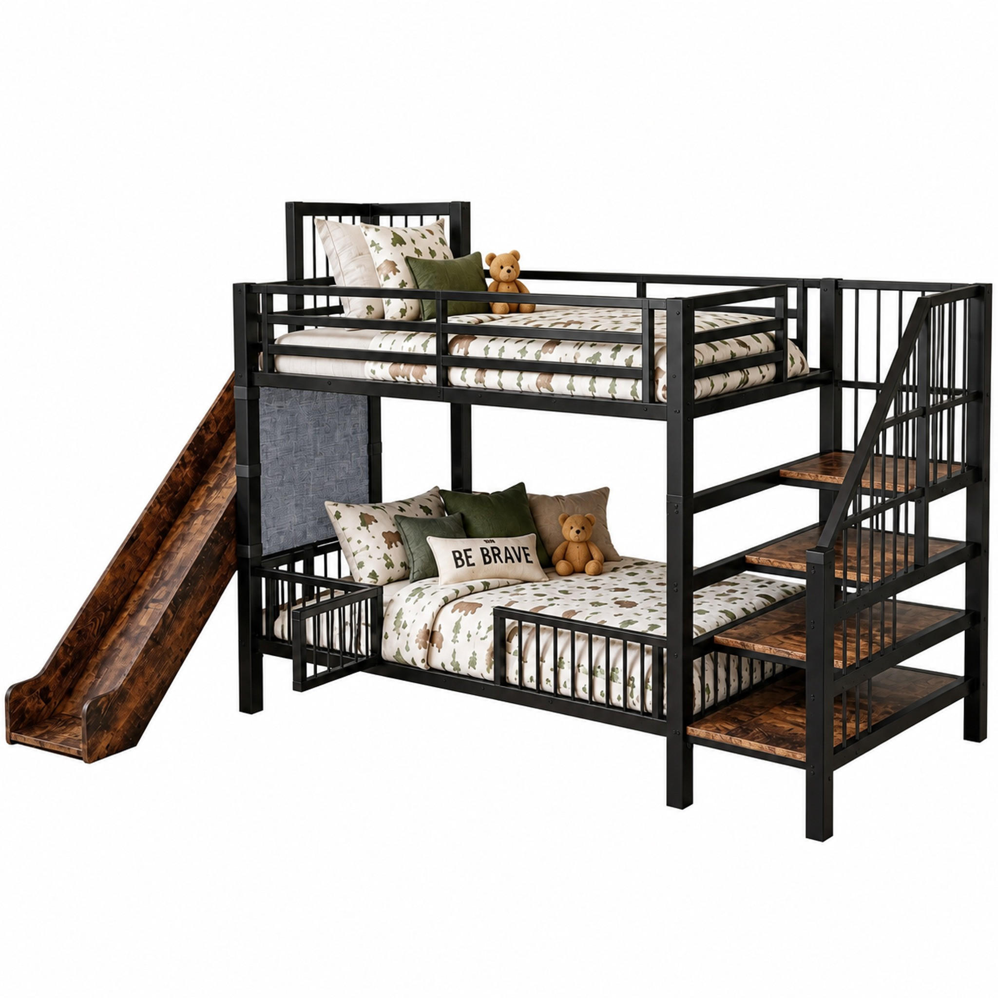 HOCHBETT Kinder 90x200 cm Metall Schwarz mit Rutsche und Stauraumtreppe - Schwarz, Metall (90/200cm) - Meubliv