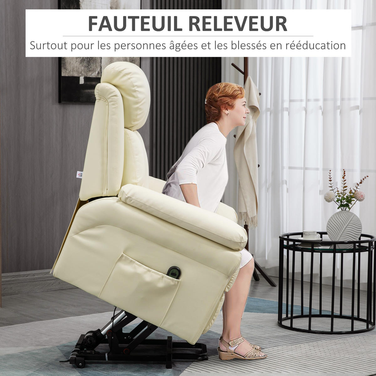 RELAXSESSEL DE-15412 elektrisch verstellbar mit Aufstehhilfe Creme - Creme, Leder (93/105/96cm) - ComfortXL