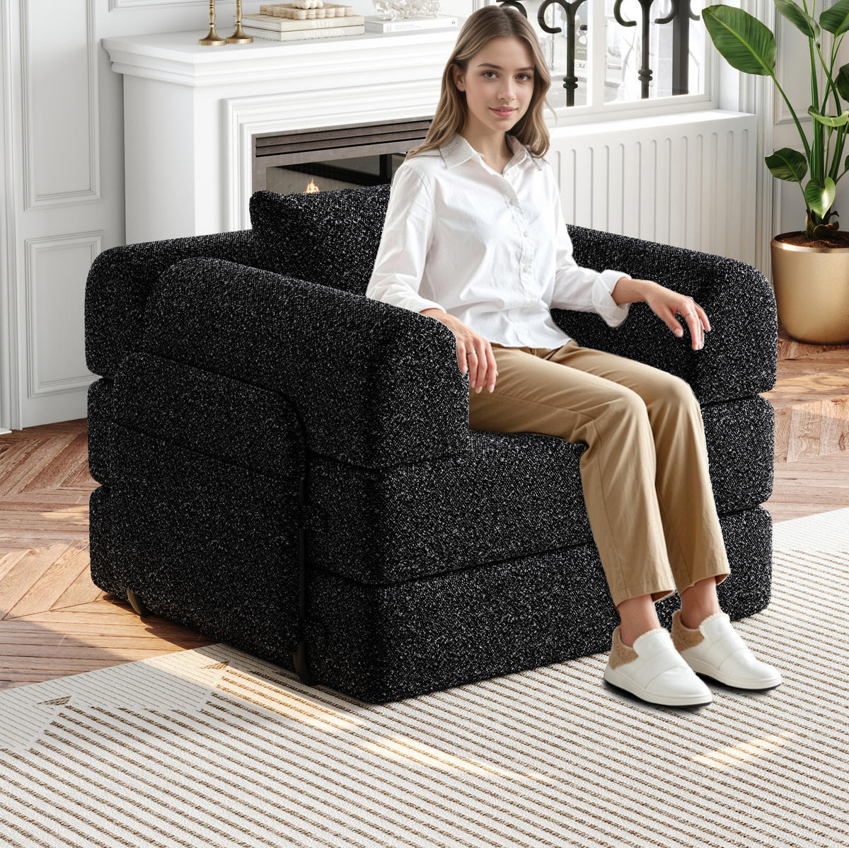 SCHLAFSOFA 2-in-1 in Schwarz – klappbar mit Armlehnen-Staufach und Chenillebezug - Schwarz, Textil (181.6/49.5/94cm) - BEAOK