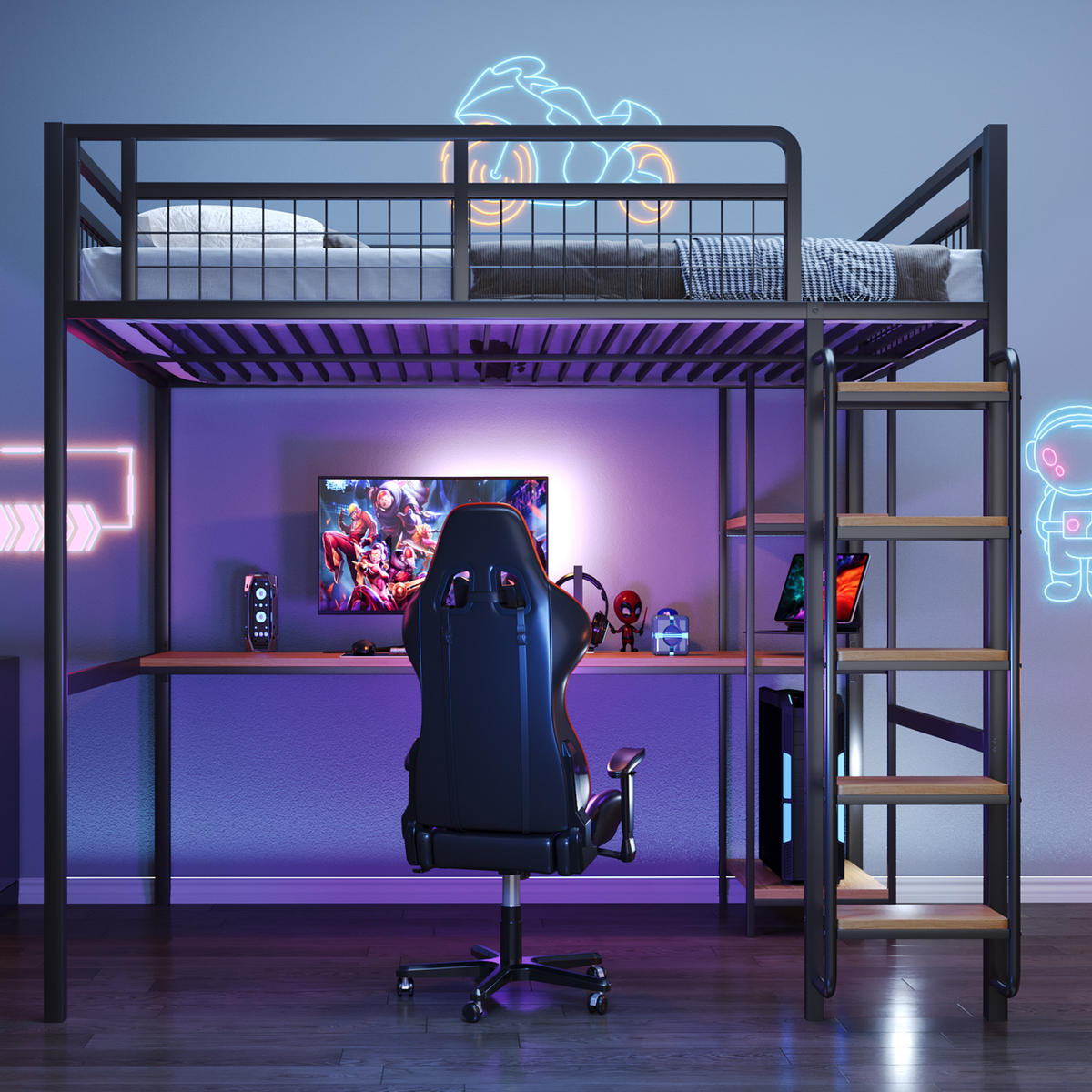 HOCHBETT 140/200 cm schwarz aus Metall mit Tisch und Regal - Schwarz, Metall (140/200cm) - OKWISH