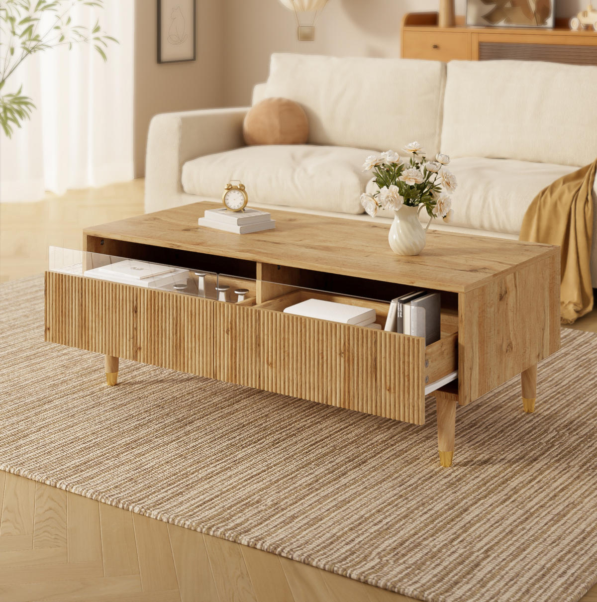 COUCHTISCH 110/50/40 cm aus MDF in Holz mit LED-Beleuchtung und zwei Schubladen - Naturfarben, Holzwerkstoff (110/50/40cm) - OKMYHOME