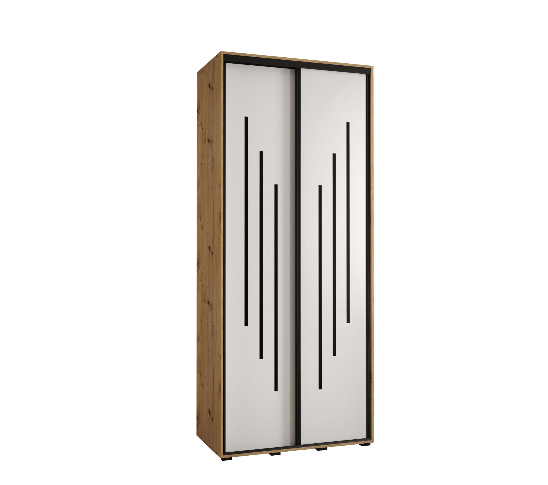 Abiks Möbel Schwebetürenschrank Eiche Artisan, Weiß, Schwarz 110x235x60 cm