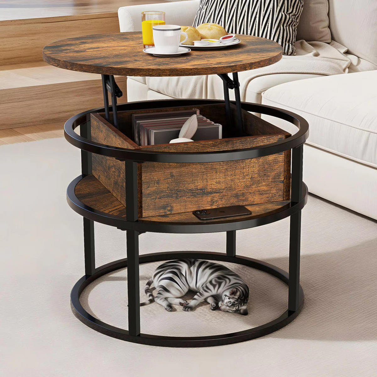 COUCHTISCH rund Höhenverstellbar 60x60x47 cm versteckter Stauraum - Braun, Holz (60/60/62.5cm) - Kaket