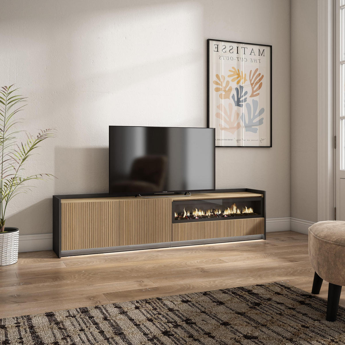 LOWBOARD, Eiche und Schwarz, 207/37/50cm, Elektrokamin, Led - Eichefarben, Holzwerkstoff (207/50/37cm) - Skraut Home