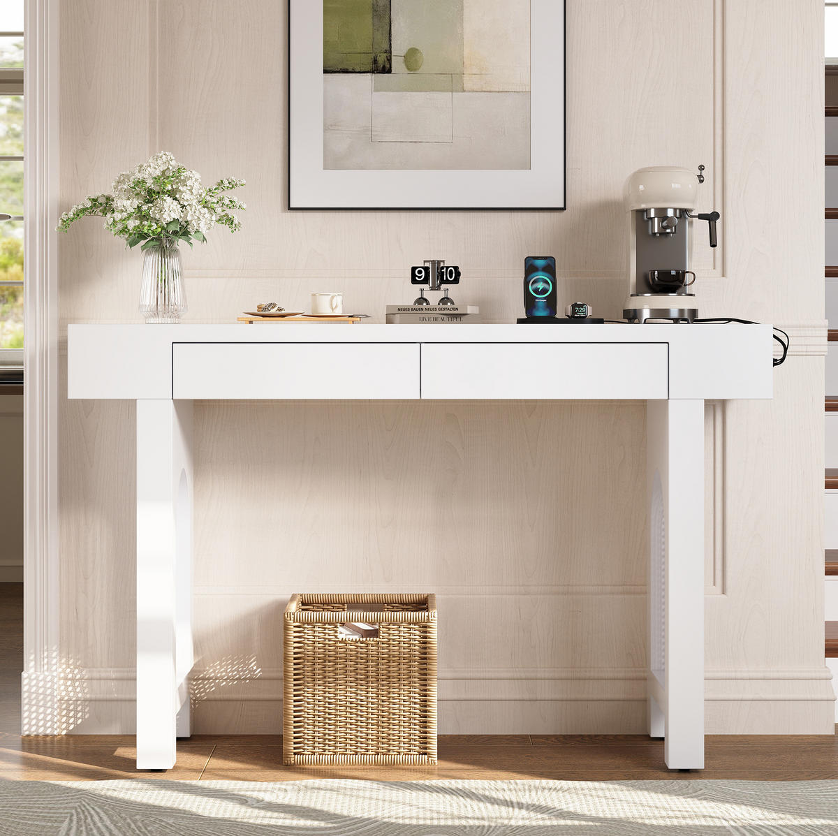 ODKLÁDACÍ stůl 120 × 35,5 × 76,5 cm bílý, MDF, se zásuvkami a USB nabíjením - bílá, kompozitní dřevo (120/35.5/76.5cm) - BEAOK
