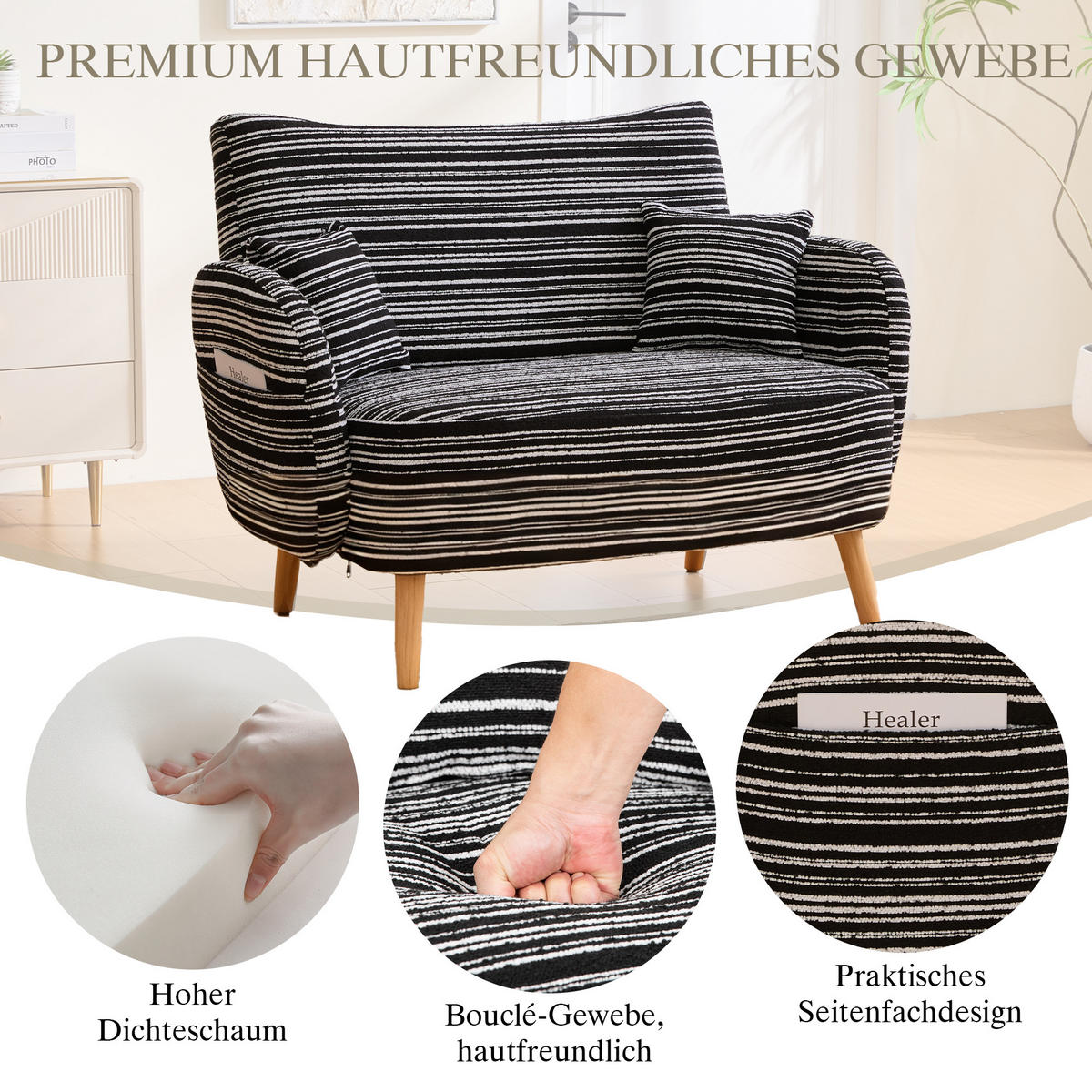 2-SITZER SOFA boucle schwarz kompakt 121cm - Schwarz, Textil (121/87/81.5cm) - Urban Meuble