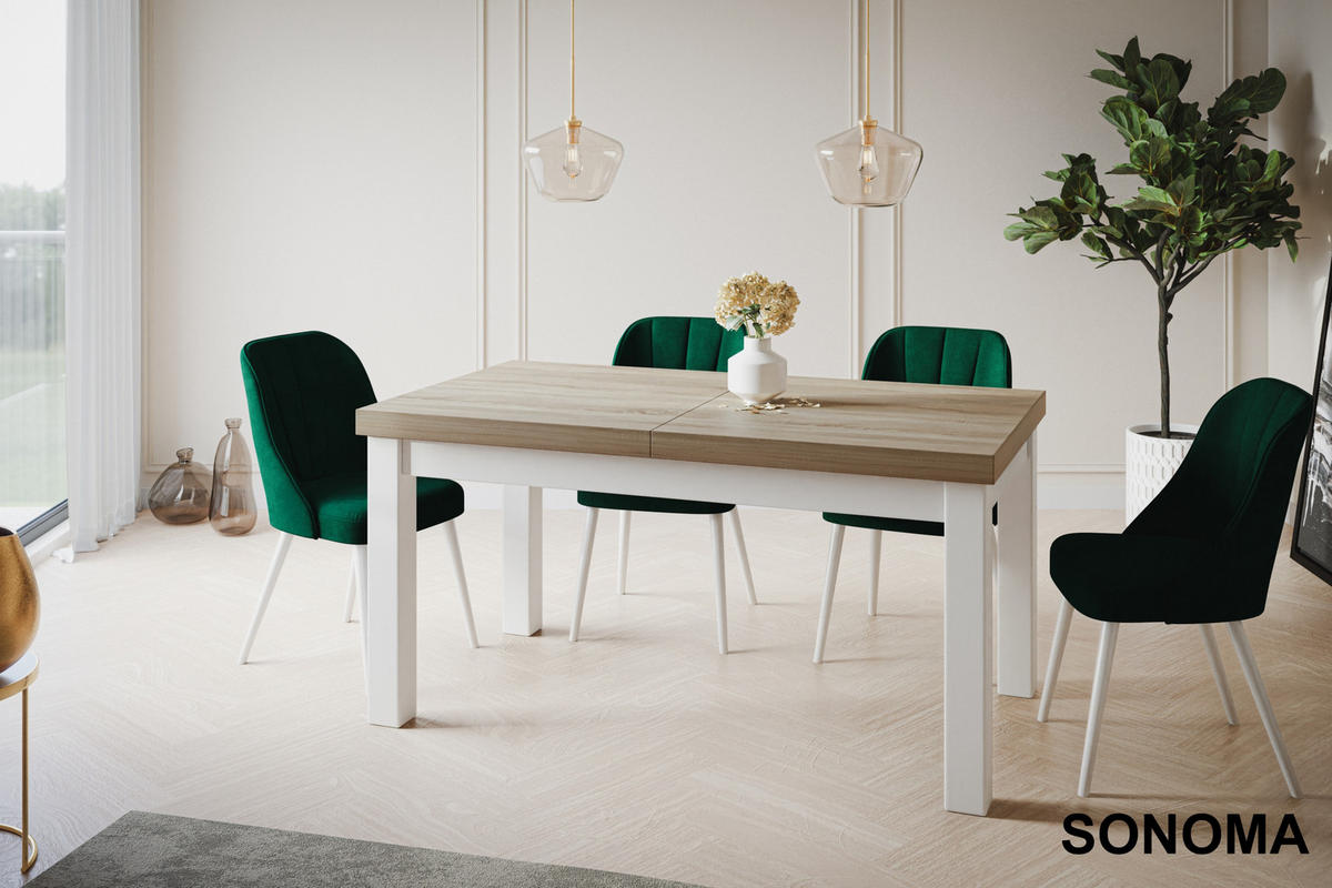 ESSZIMMERTISCH CLASSIC, ausziehbarer Tisch 120-160X80X78 cm, Farbe: SONOMA, mit Holzbeinen in Farbe Weiß - Weiß/Sonoma Eiche, Holzwerkstoff (120/80/78cm) - Alpi-Möbel