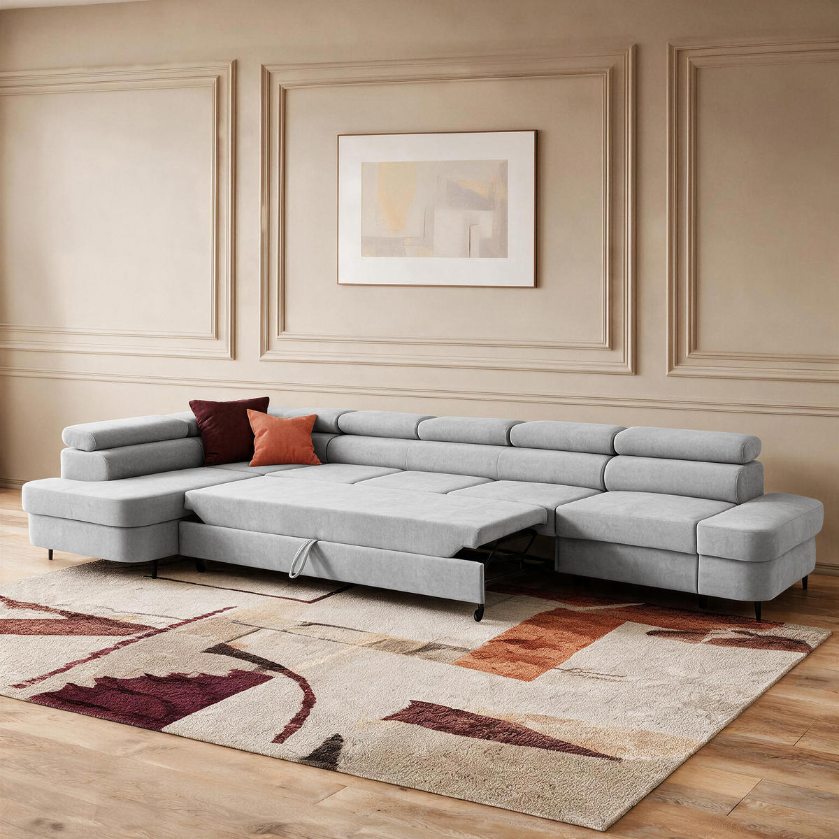 ECKSOFA PRIAM XXL L-Form Links mit Schlaffunktion 125x265 Velours Hellgrau - Hellgrau/Schwarz, Holz/Textil (203/420cm) - Muffo